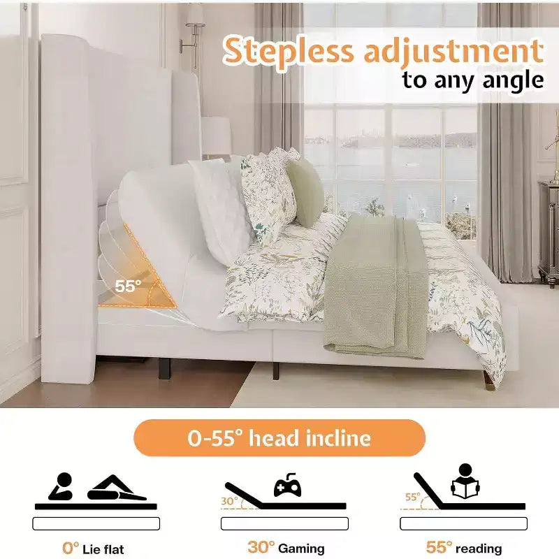 Cadre de Lit Ajustable Double avec Tête de Lit Capitonnée à Oreilles de 50 po, Blanc