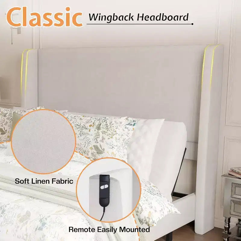 Cadre de Lit Ajustable Double avec Tête de Lit Capitonnée à Oreilles de 50 po, Blanc
