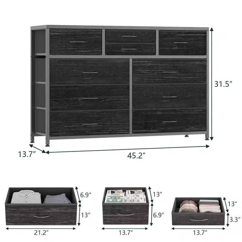 Commode avec 10 tiroirs en tissu, meuble TV pour téléviseur de 50 pouces, meuble console multimédia avec rangement, mobilier de salon