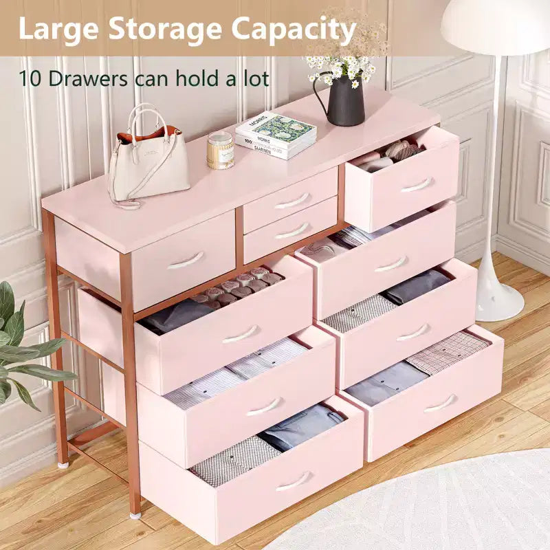 Commode avec 10 tiroirs en tissu, meuble TV pour téléviseur de 50 pouces, meuble console multimédia avec rangement, mobilier de salon