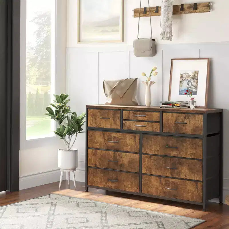 Commode avec 10 tiroirs en tissu, meuble TV pour téléviseur de 50 pouces, meuble console multimédia avec rangement, mobilier de salon