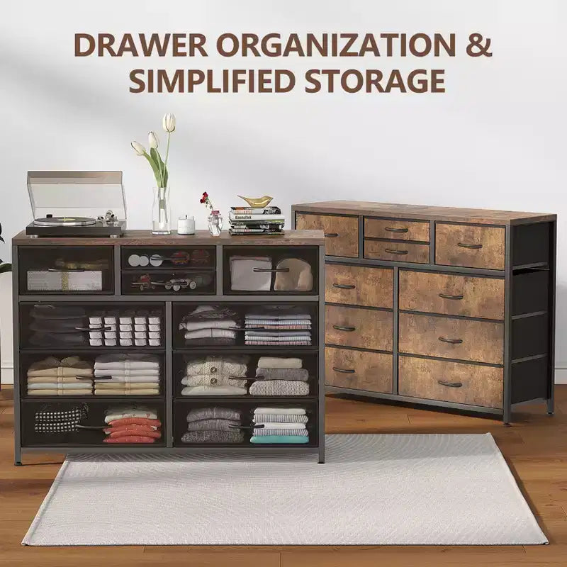 Commode avec 10 tiroirs en tissu, meuble TV pour téléviseur de 50 pouces, meuble console multimédia avec rangement, mobilier de salon