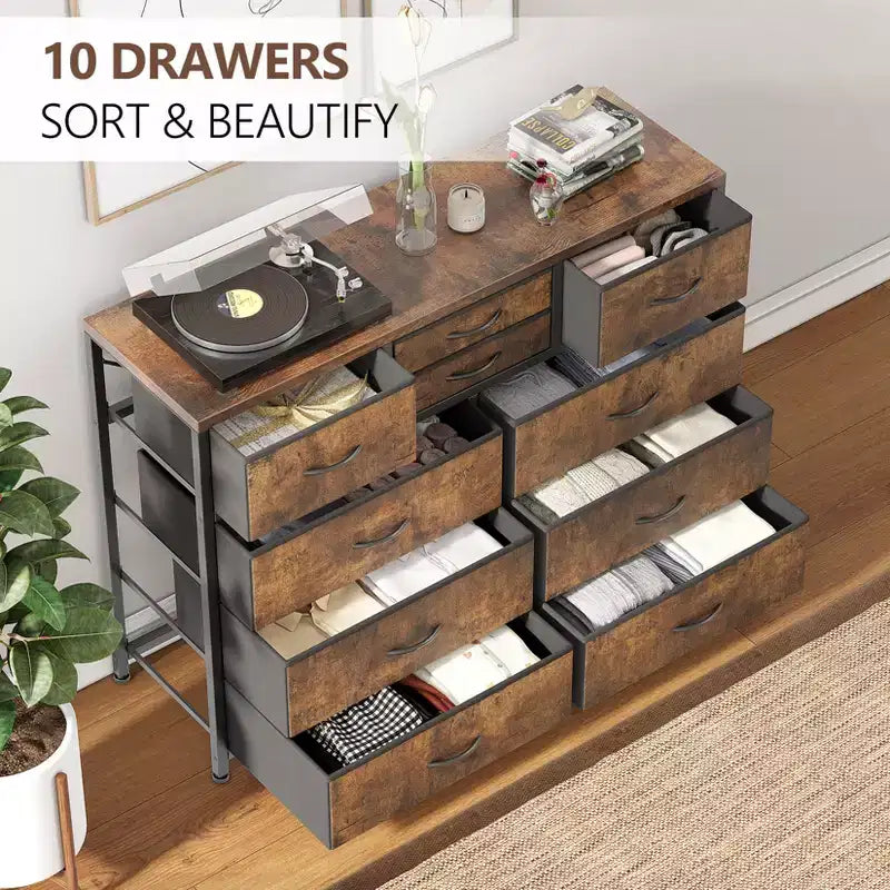 Commode avec 10 tiroirs en tissu, meuble TV pour téléviseur de 50 pouces, meuble console multimédia avec rangement, mobilier de salon