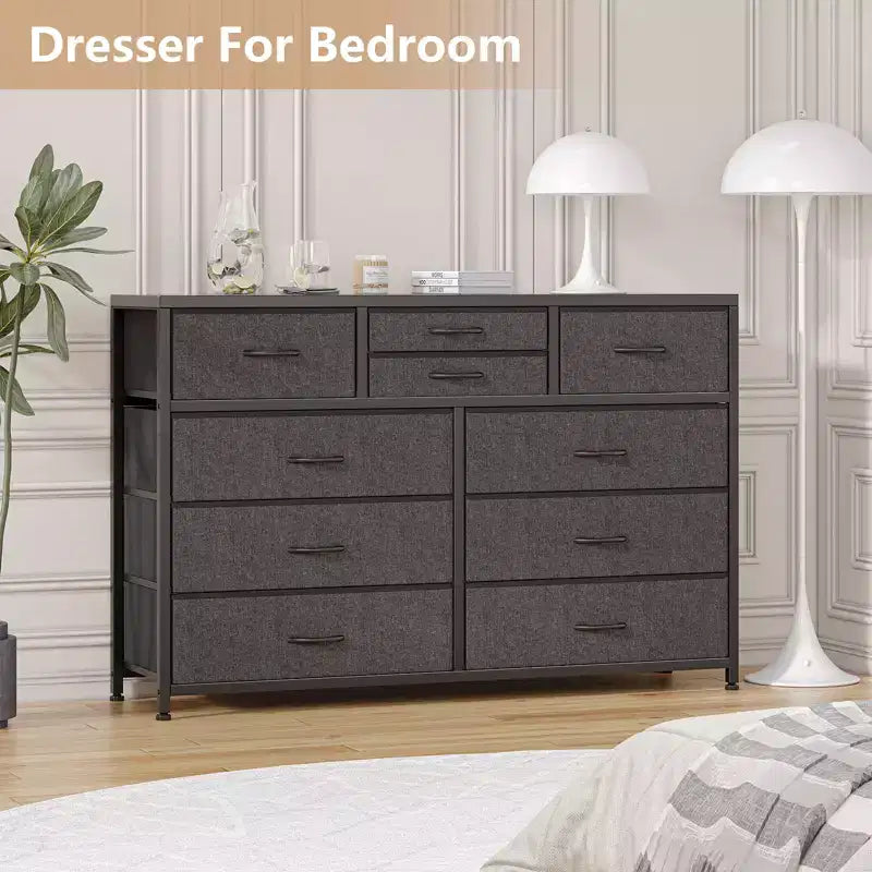 Commode avec 10 tiroirs en tissu, meuble TV pour téléviseur de 50 pouces, meuble console multimédia avec rangement, mobilier de salon