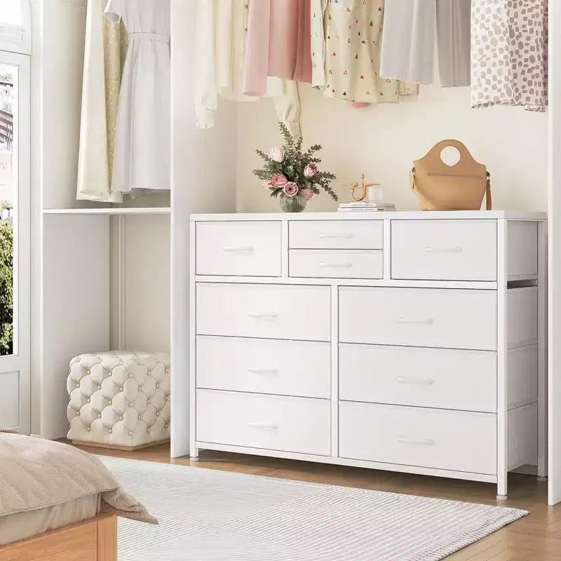 Commode avec 10 tiroirs en tissu, meuble TV pour téléviseur de 50 pouces, meuble console multimédia avec rangement, mobilier de salon