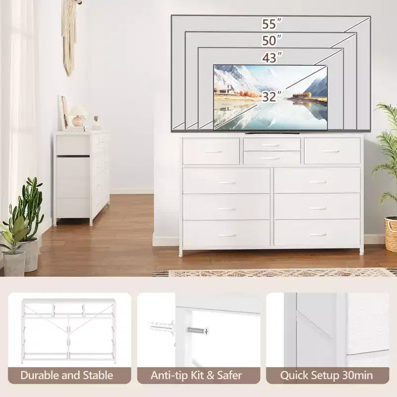 Commode avec 10 tiroirs en tissu, meuble TV pour téléviseur de 50 pouces, meuble console multimédia avec rangement, mobilier de salon