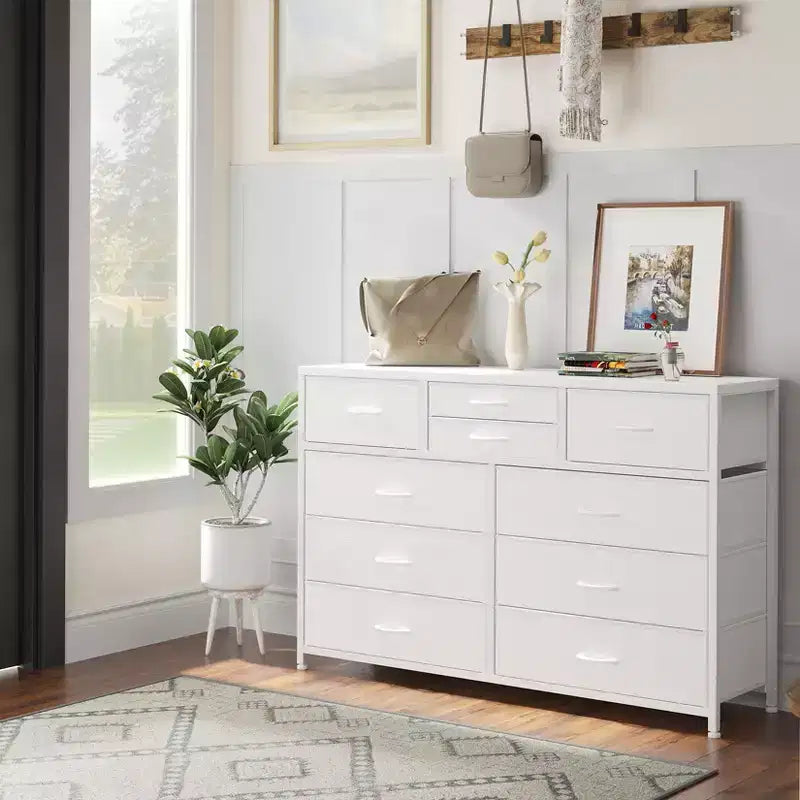 Commode avec 10 tiroirs en tissu, meuble TV pour téléviseur de 50 pouces, meuble console multimédia avec rangement, mobilier de salon