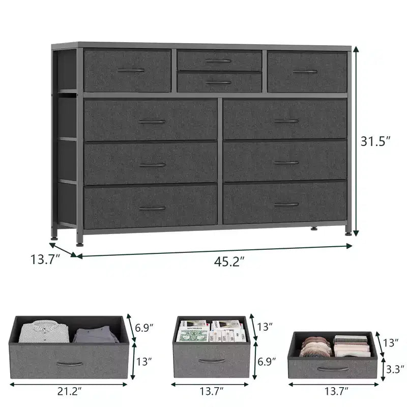 Commode avec 10 tiroirs en tissu, meuble TV pour téléviseur de 50 pouces, meuble console multimédia avec rangement, mobilier de salon
