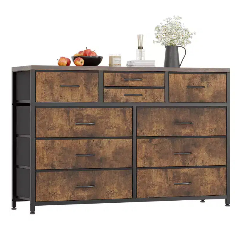 Commode avec 10 tiroirs en tissu, meuble TV pour téléviseur de 50 pouces, meuble console multimédia avec rangement, mobilier de salon