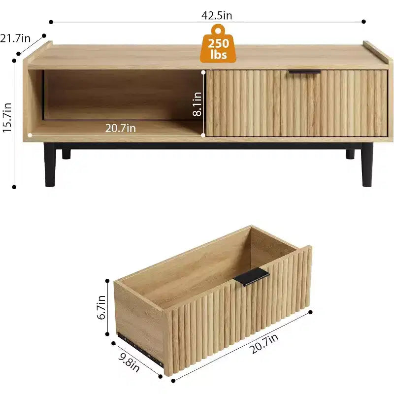 Table basse cannelée en bois clair, table basse à 2 niveaux avec tiroirs