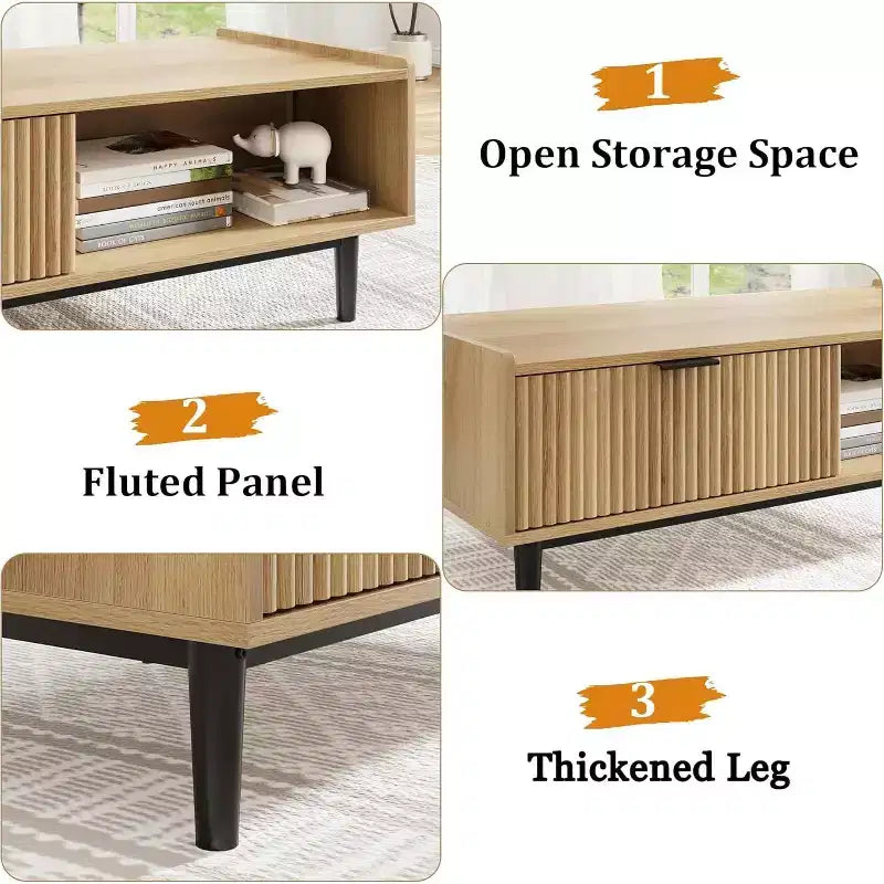 Table basse cannelée en bois clair, table basse à 2 niveaux avec tiroirs