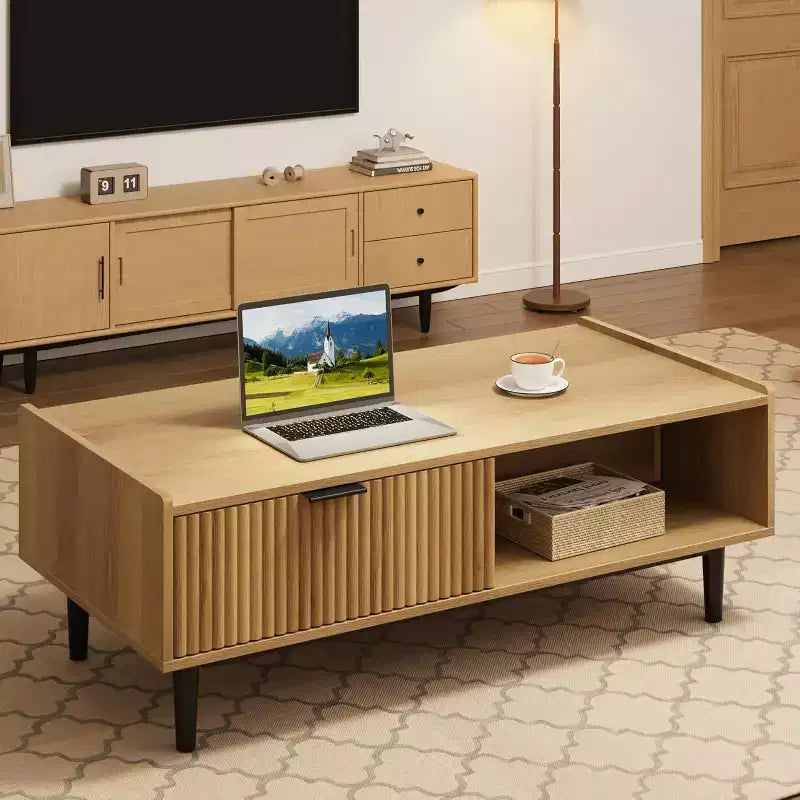 Table basse cannelée en bois clair, table basse à 2 niveaux avec tiroirs