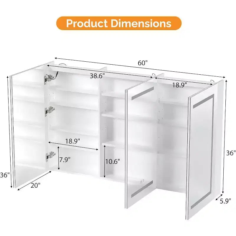 Armoire à pharmacie de salle de bain extra large de 152 x 91 cm avec miroir et éclairage, grande armoire à pharmacie murale à 3 portes avec lumières pour salle de bain