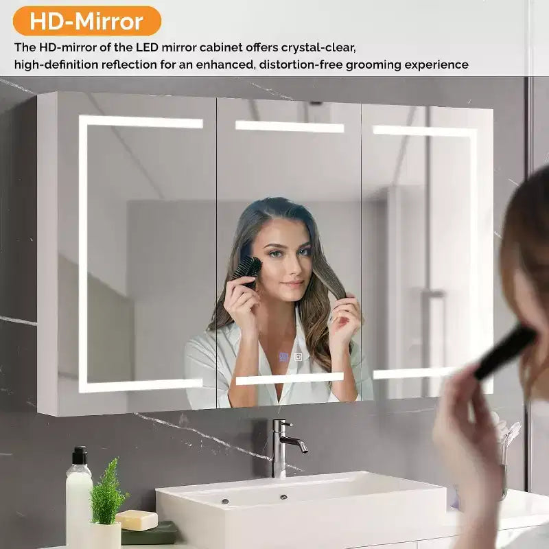 Armoire à pharmacie de salle de bain extra large de 152 x 91 cm avec miroir et éclairage, grande armoire à pharmacie murale à 3 portes avec lumières pour salle de bain