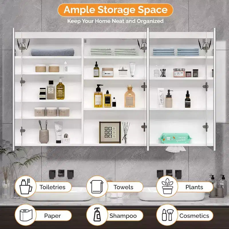 Armoire à pharmacie de salle de bain extra large de 152 x 91 cm avec miroir et éclairage, grande armoire à pharmacie murale à 3 portes avec lumières pour salle de bain