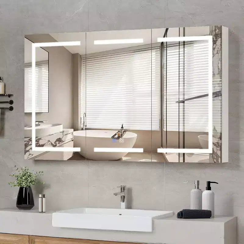 Armoire à pharmacie de salle de bain extra large de 152 x 91 cm avec miroir et éclairage, grande armoire à pharmacie murale à 3 portes avec lumières pour salle de bain