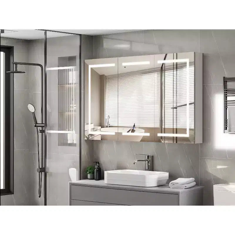 Armoire à pharmacie de salle de bain extra large de 152 x 91 cm avec miroir et éclairage, grande armoire à pharmacie murale à 3 portes avec lumières pour salle de bain