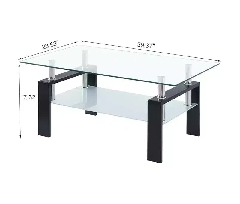 Table basse en verre, table d'appoint basse moderne pour salon, table à thé à 2 niveaux avec plateau en verre trempé, étagère inférieure pour salon