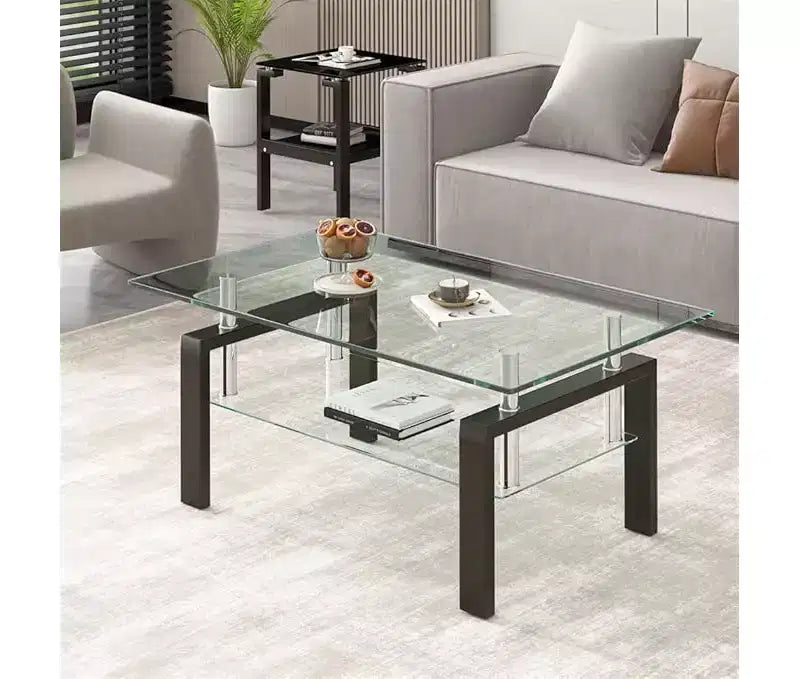 Table basse en verre, table d'appoint basse moderne pour salon, table à thé à 2 niveaux avec plateau en verre trempé, étagère inférieure pour salon