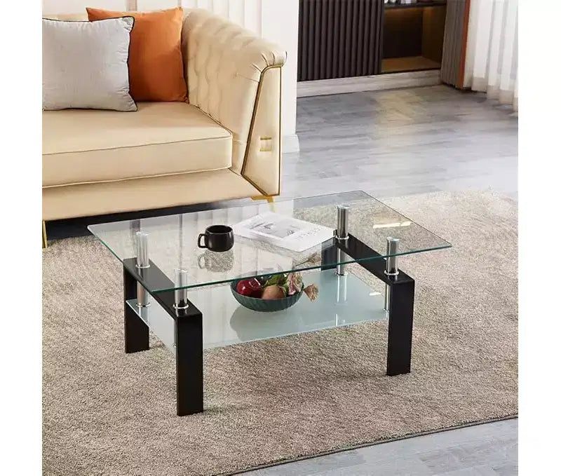 Table basse en verre, table d'appoint basse moderne pour salon, table à thé à 2 niveaux avec plateau en verre trempé, étagère inférieure pour salon