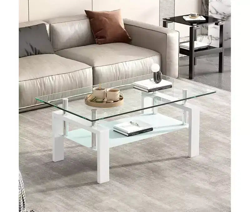 Table basse en verre, table d'appoint basse moderne pour salon, table à thé à 2 niveaux avec plateau en verre trempé, étagère inférieure pour salon