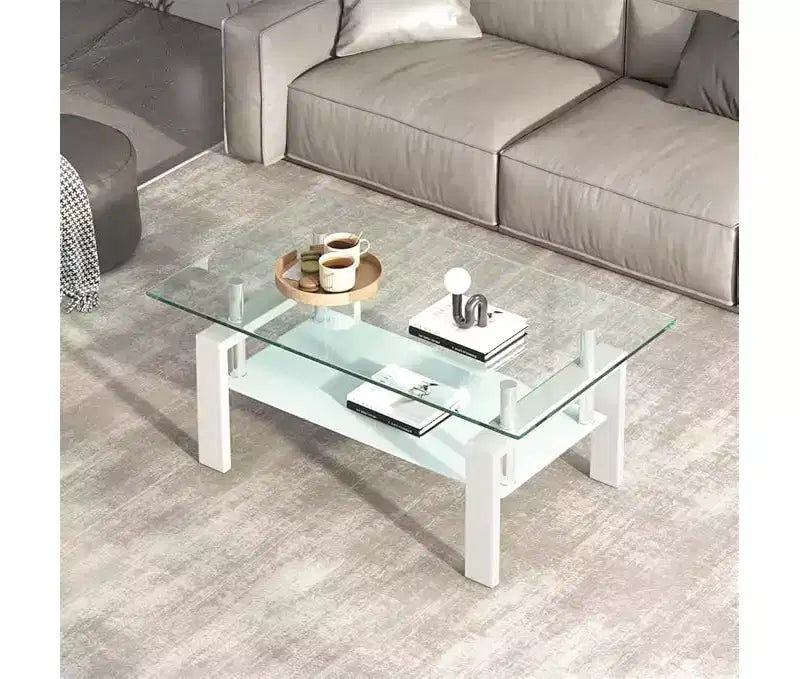 Table basse en verre, table d'appoint basse moderne pour salon, table à thé à 2 niveaux avec plateau en verre trempé, étagère inférieure pour salon