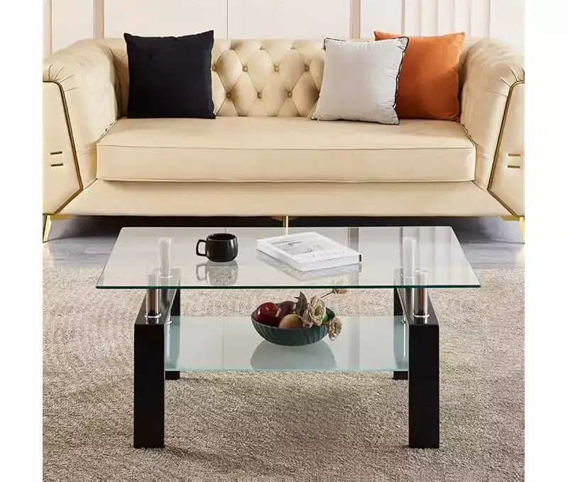 Table basse en verre, table d'appoint basse moderne pour salon, table à thé à 2 niveaux avec plateau en verre trempé, étagère inférieure pour salon