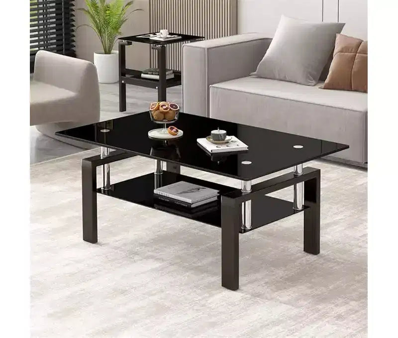 Table basse en verre, table d'appoint basse moderne pour salon, table à thé à 2 niveaux avec plateau en verre trempé, étagère inférieure pour salon