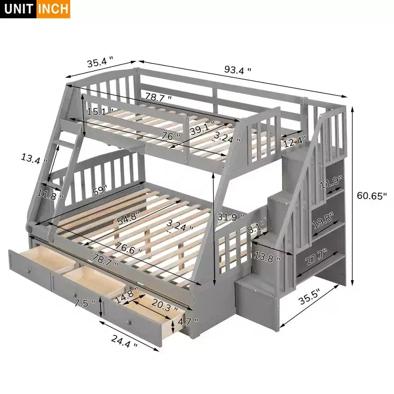 Lit superposé double/grand format avec tiroirs, échelle et escalier de rangement, espresso