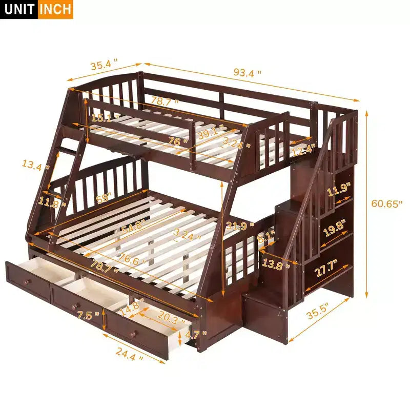 Lit superposé double/grand format avec tiroirs, échelle et escalier de rangement, espresso