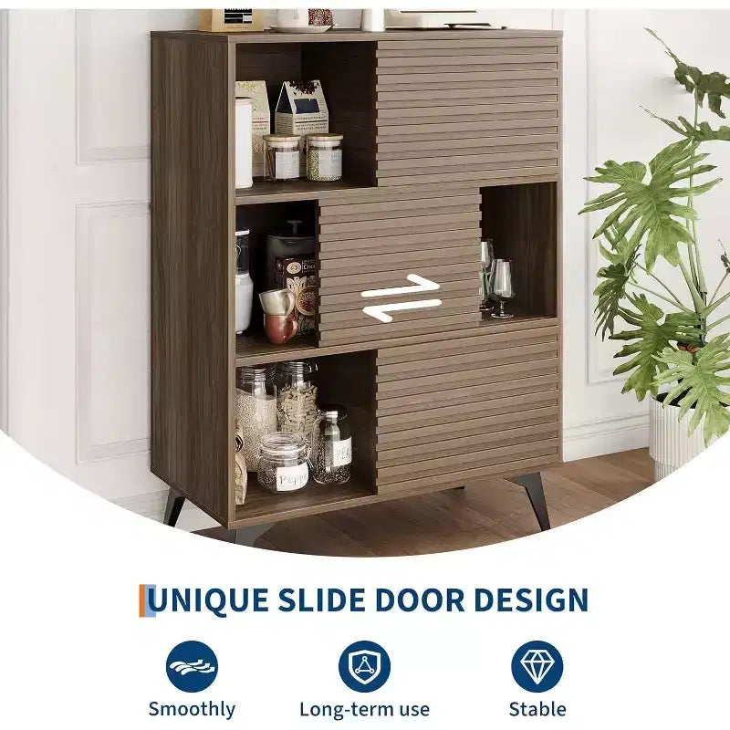 Armoire de rangement cannelée de 43 po avec portes coulissantes - Organisateur d'étagères réglables à 3 niveaux pour salon et cuisine