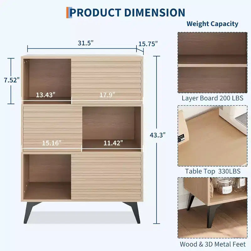 Armoire de rangement cannelée de 43 po avec portes coulissantes - Organisateur d'étagères réglables à 3 niveaux pour salon et cuisine