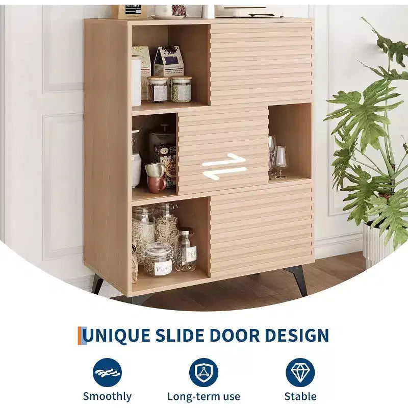 Armoire de rangement cannelée de 43 po avec portes coulissantes - Organisateur d'étagères réglables à 3 niveaux pour salon et cuisine