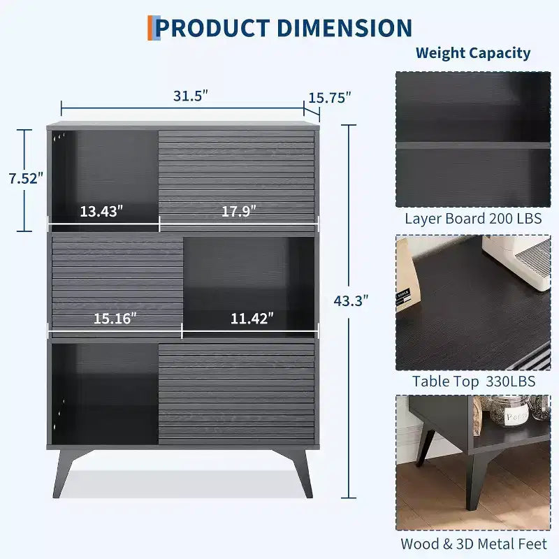 Armoire de rangement cannelée de 43 po avec portes coulissantes - Organisateur d'étagères réglables à 3 niveaux pour salon et cuisine