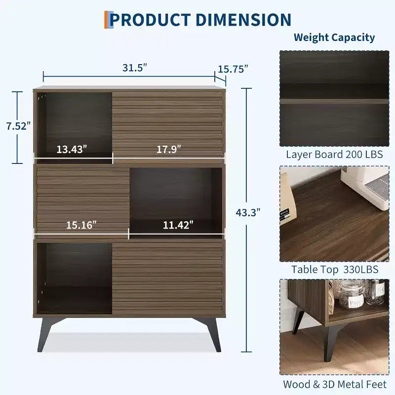 Armoire de rangement cannelée de 43 po avec portes coulissantes - Organisateur d'étagères réglables à 3 niveaux pour salon et cuisine