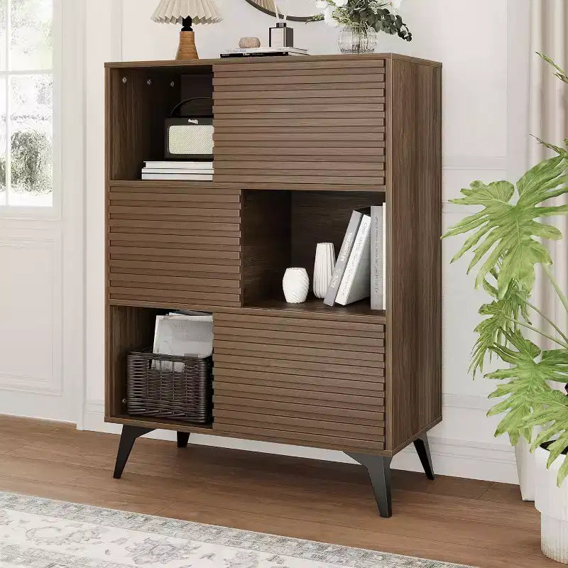 Armoire de rangement cannelée de 43 po avec portes coulissantes - Organisateur d'étagères réglables à 3 niveaux pour salon et cuisine