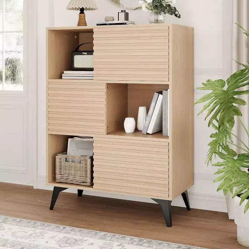 Armoire de rangement cannelée de 43 po avec portes coulissantes - Organisateur d'étagères réglables à 3 niveaux pour salon et cuisine