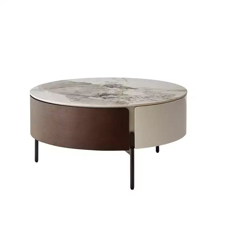 Table basse ronde Eugene Modern 31,5 avec tiroirs, plateau en bois et céramique et pieds en métal