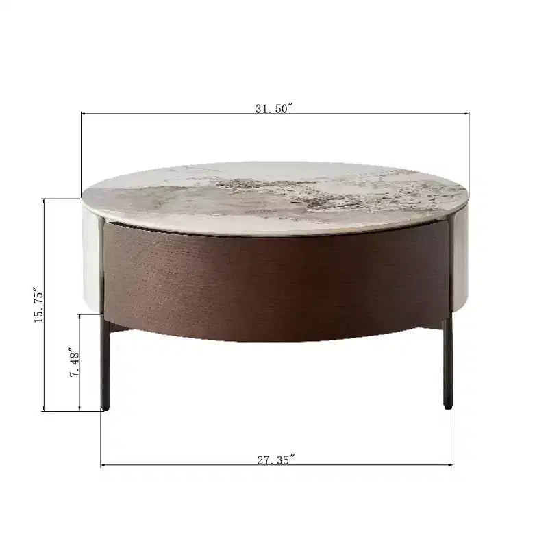 Table basse ronde Eugene Modern 31,5 avec tiroirs, plateau en bois et céramique et pieds en métal