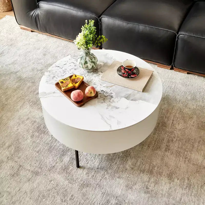 Table basse ronde Eugene Modern 31,5 avec tiroirs, plateau en bois et céramique et pieds en métal