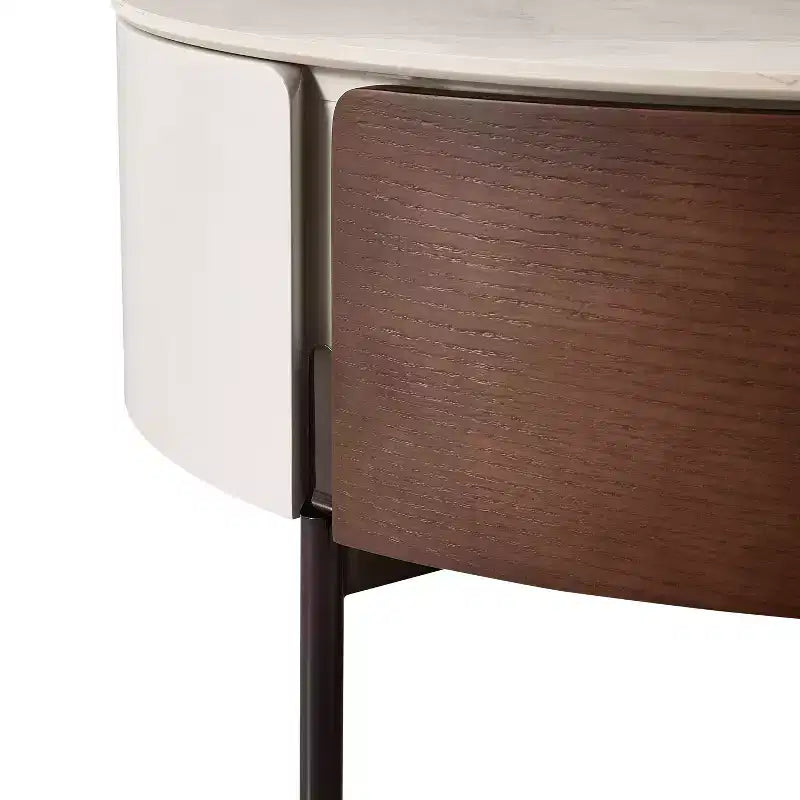 Table basse ronde Eugene Modern 31,5 avec tiroirs, plateau en bois et céramique et pieds en métal