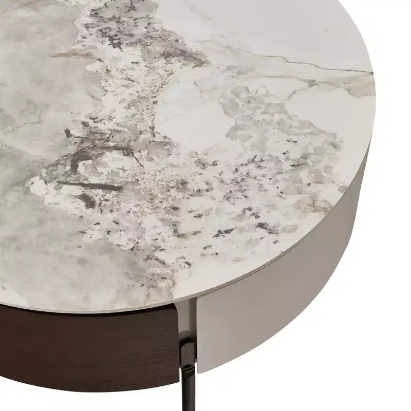 Table basse ronde Eugene Modern 31,5 avec tiroirs, plateau en bois et céramique et pieds en métal
