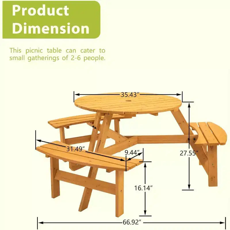 Table de pique-nique ronde pour 6 personnes avec trou pour parasol, ensemble de salle à manger extérieur en bois avec 3 bancs intégrés, capacité de 780 kg pour jardin/terrasse