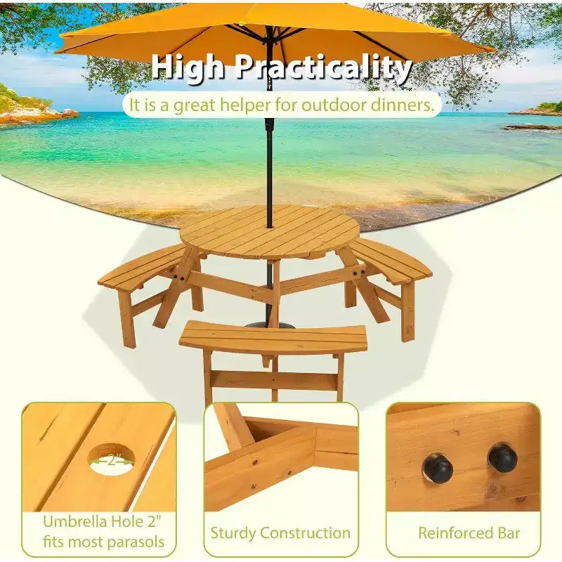 Table de pique-nique ronde pour 6 personnes avec trou pour parasol, ensemble de salle à manger extérieur en bois avec 3 bancs intégrés, capacité de 780 kg pour jardin/terrasse