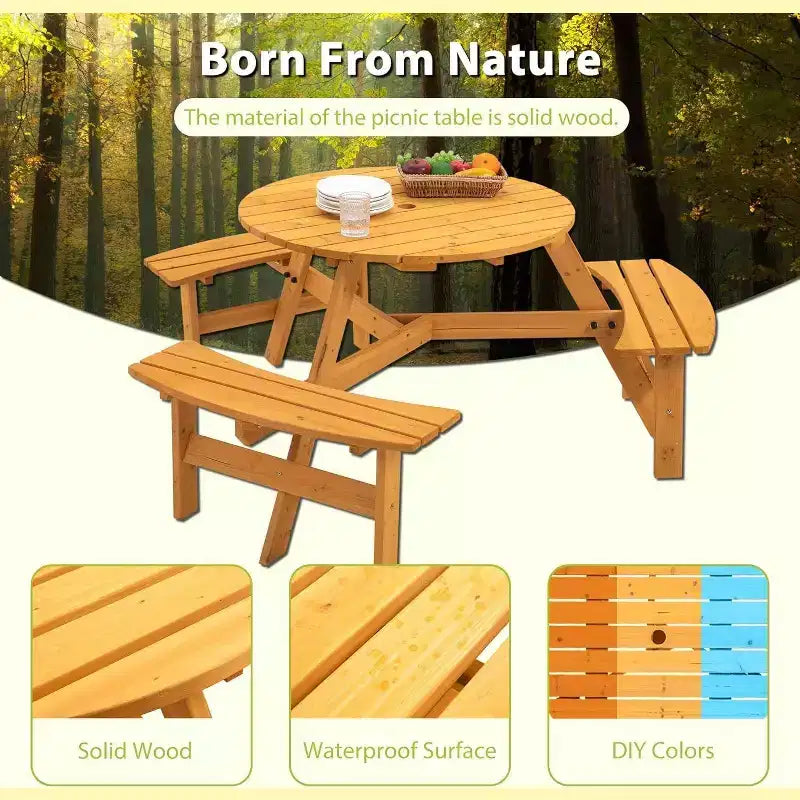 Table de pique-nique ronde pour 6 personnes avec trou pour parasol, ensemble de salle à manger extérieur en bois avec 3 bancs intégrés, capacité de 780 kg pour jardin/terrasse