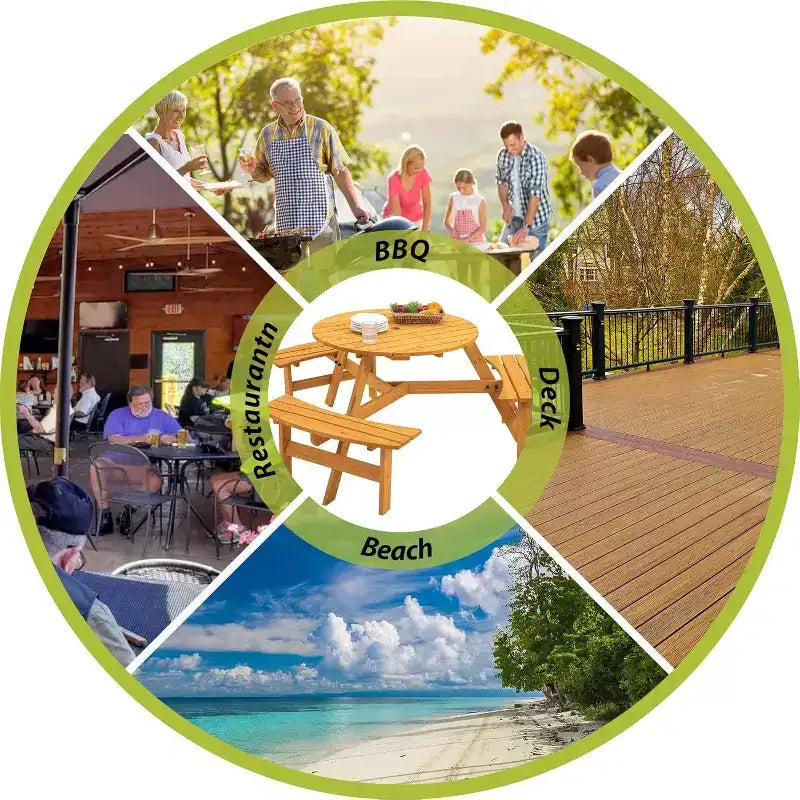 Table de pique-nique ronde pour 6 personnes avec trou pour parasol, ensemble de salle à manger extérieur en bois avec 3 bancs intégrés, capacité de 780 kg pour jardin/terrasse
