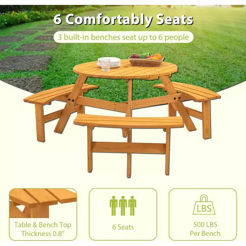 Table de pique-nique ronde pour 6 personnes avec trou pour parasol, ensemble de salle à manger extérieur en bois avec 3 bancs intégrés, capacité de 780 kg pour jardin/terrasse