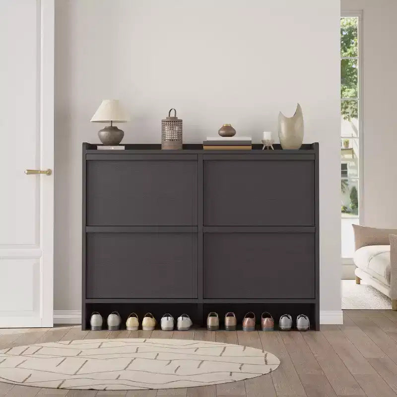 Meuble à chaussures en bois avec 4 tiroirs basculants, étagère à chaussures mince à 2 niveaux avec étagère réglable et amovible