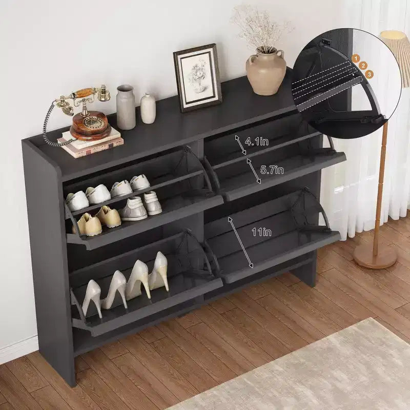 Meuble à chaussures en bois avec 4 tiroirs basculants, étagère à chaussures mince à 2 niveaux avec étagère réglable et amovible
