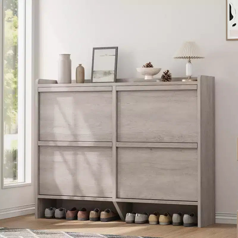 Meuble à chaussures en bois avec 4 tiroirs basculants, étagère à chaussures mince à 2 niveaux avec étagère réglable et amovible